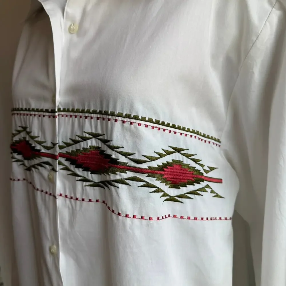 Stonybrook White Western Shirt Embroidered Aztec Design Women 18
